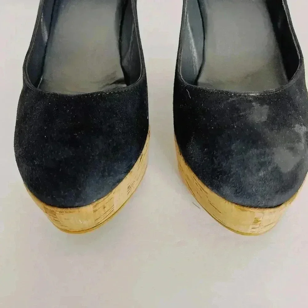 Stuart Weitzman Vintage Black Suede Leather Cork Wedges Women's Size 5 - Picture 4 of 12